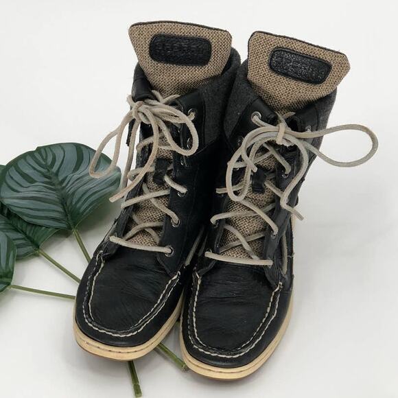 Sperry Black Gray Cream Leather Lace-Up Fold Over Wool Lined Acklin Boots Shoes - Picture 10 of 10